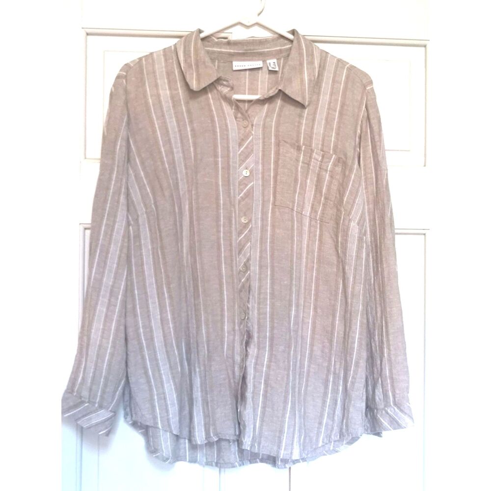Susan Graver Linen Blend Striped Roll Sleeve Button Down Shirt, Size MP, EUC